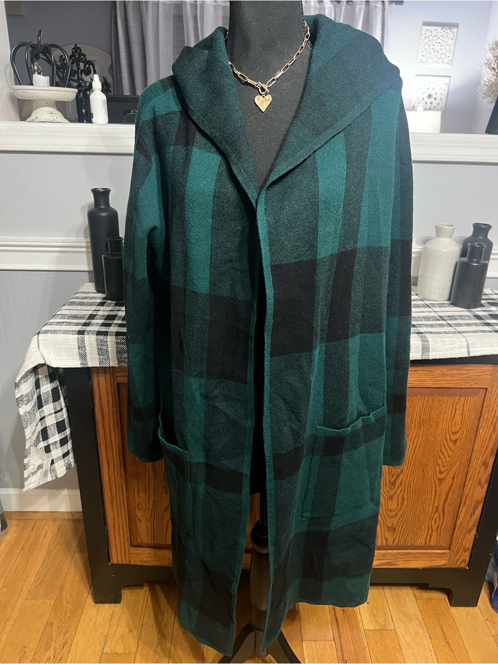 Belldini Green and Black Plaid Hooded Trench Sweater.